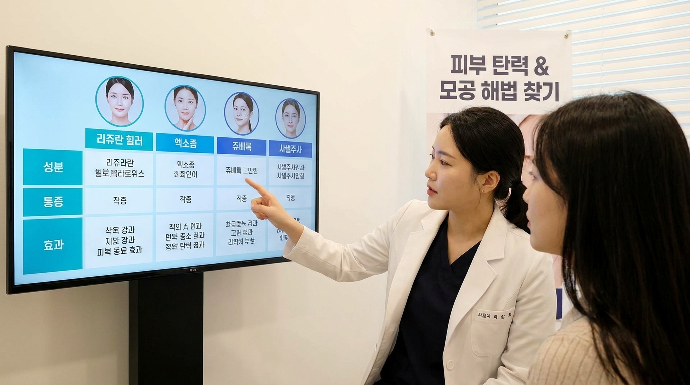 스킨부스터 종류 비교: 리쥬란, 엑소좀, 쥬베룩 상담 전 확인 기준 참고 이미지