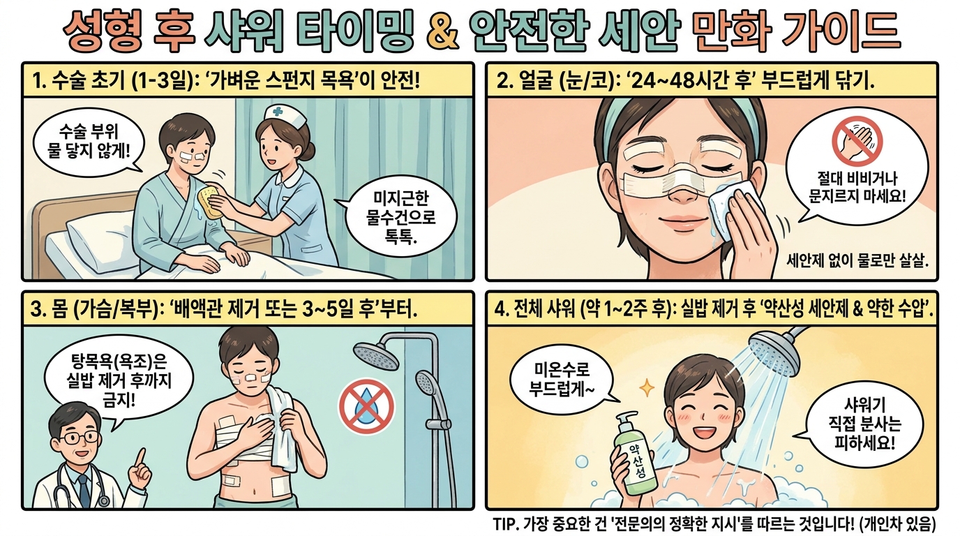 수술 후 샤워 시기: 부위별 물 접촉 시기와 세정 확인 기준 참고 이미지