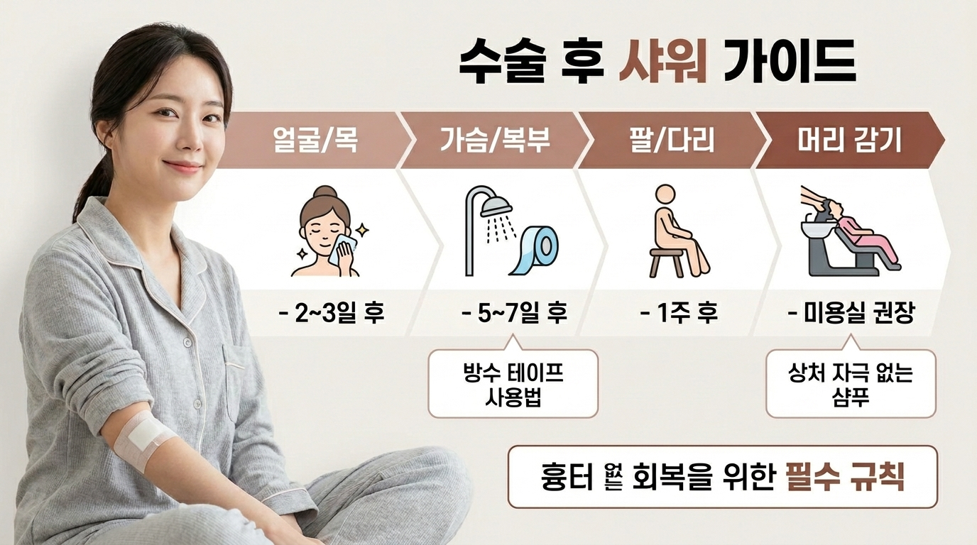 수술 후 샤워 시기: 부위별 물 접촉 시기와 세정 확인 기준