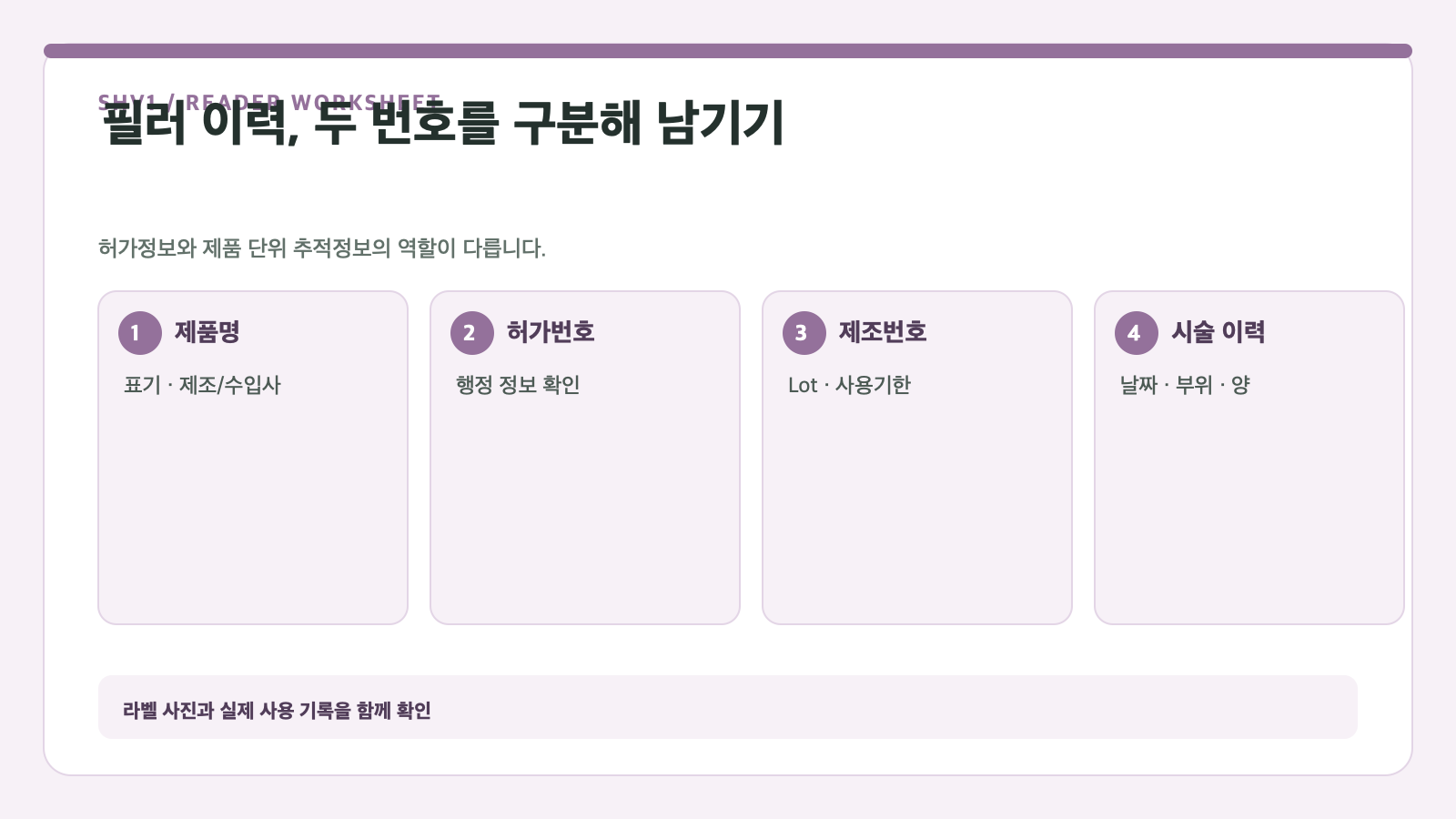필러 이력, 두 번호를 구분해 남기기 — 제품명, 허가번호, 제조번호, 시술 이력 확인표