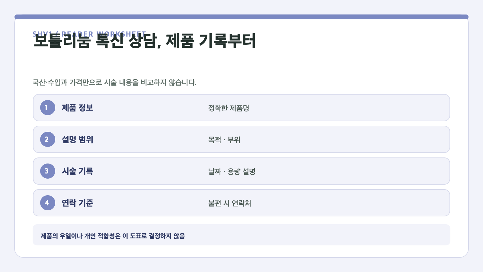 보툴리눔 톡신 상담, 제품 기록부터 — 제품 정보, 설명 범위, 시술 기록, 연락 기준 확인표