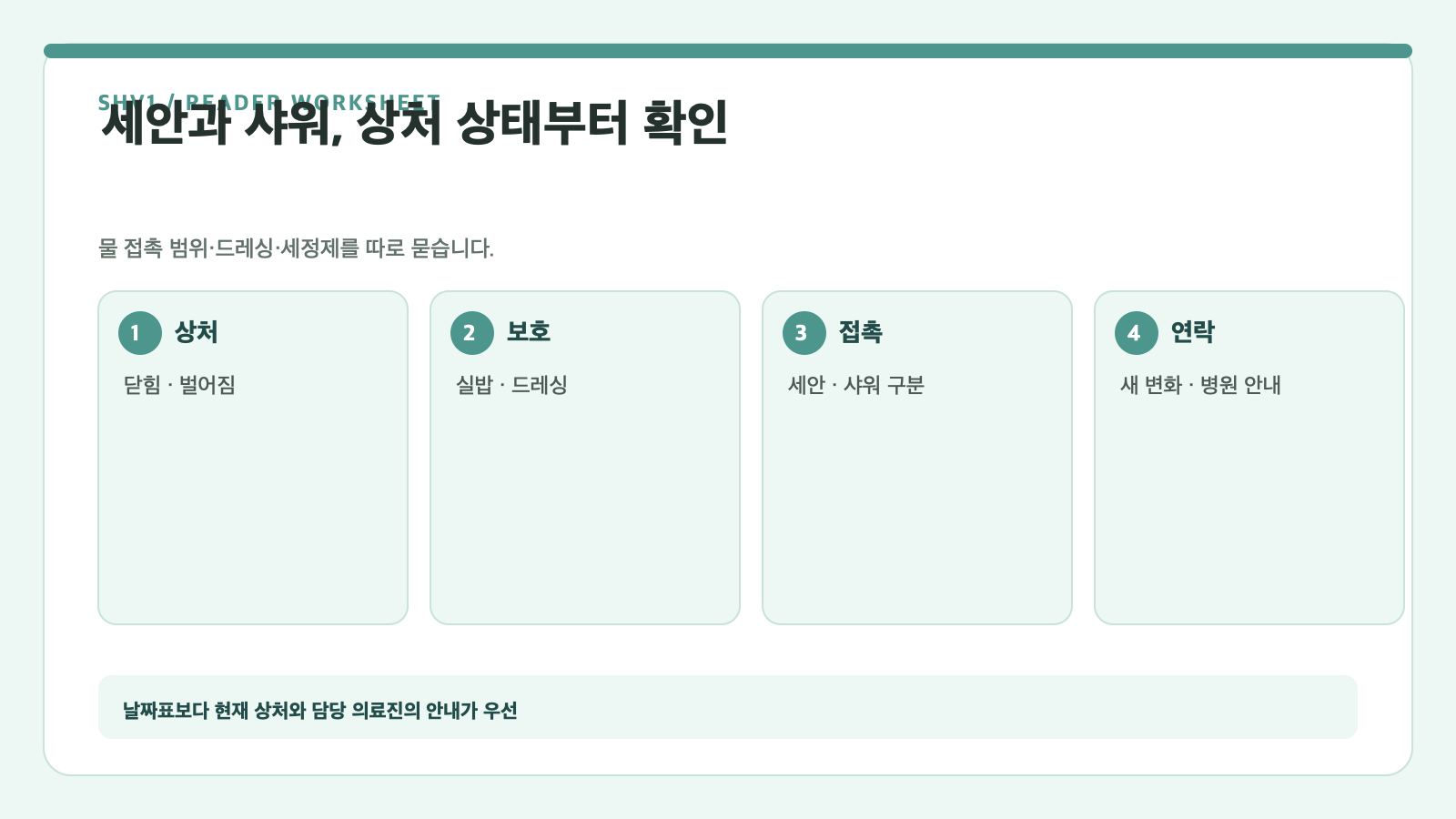 세안과 샤워, 상처 상태부터 확인 — 상처, 보호, 접촉, 연락 확인표