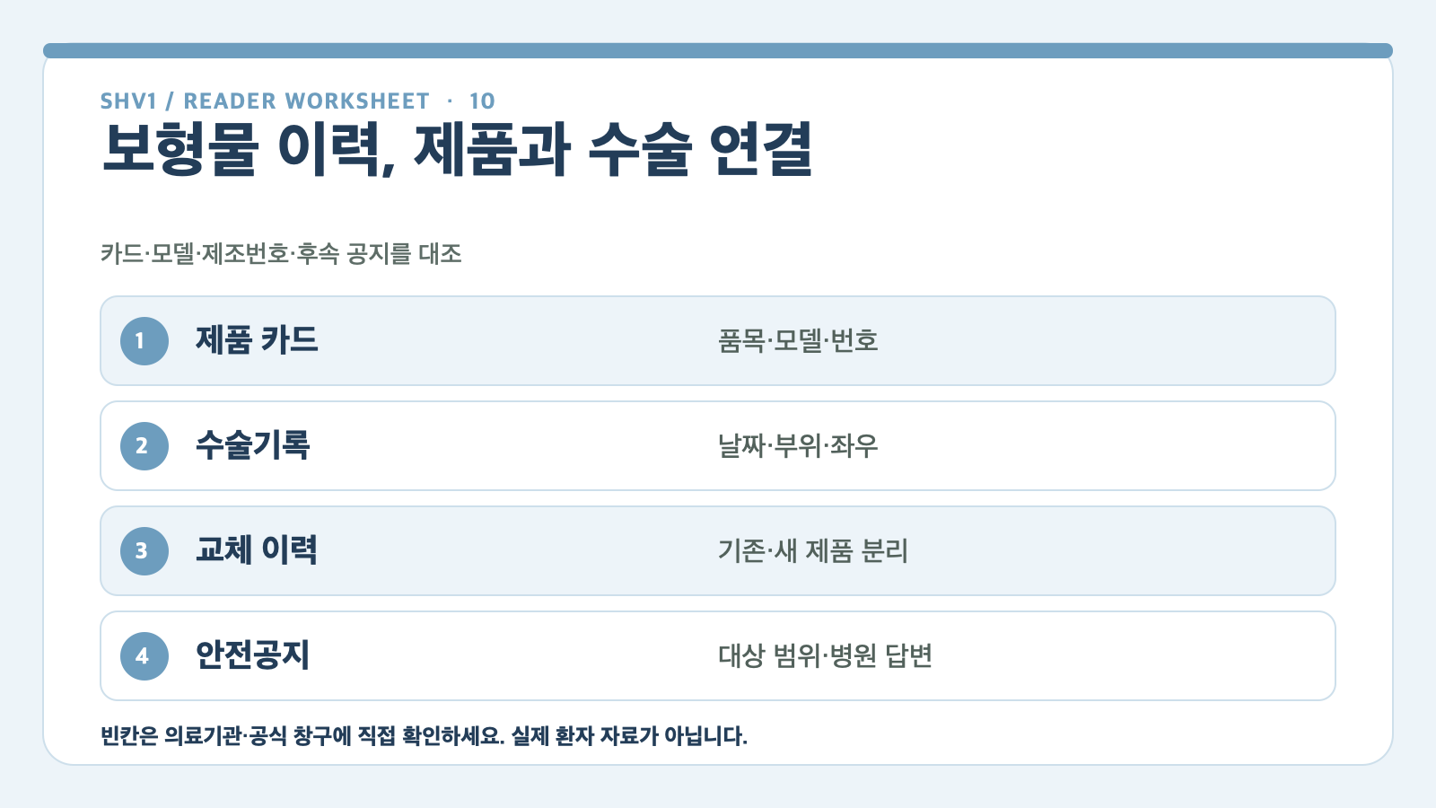 보형물 품목·모델·제조번호, 삽입 날짜와 부위, 안전공지 확인 기록을 분리한 표